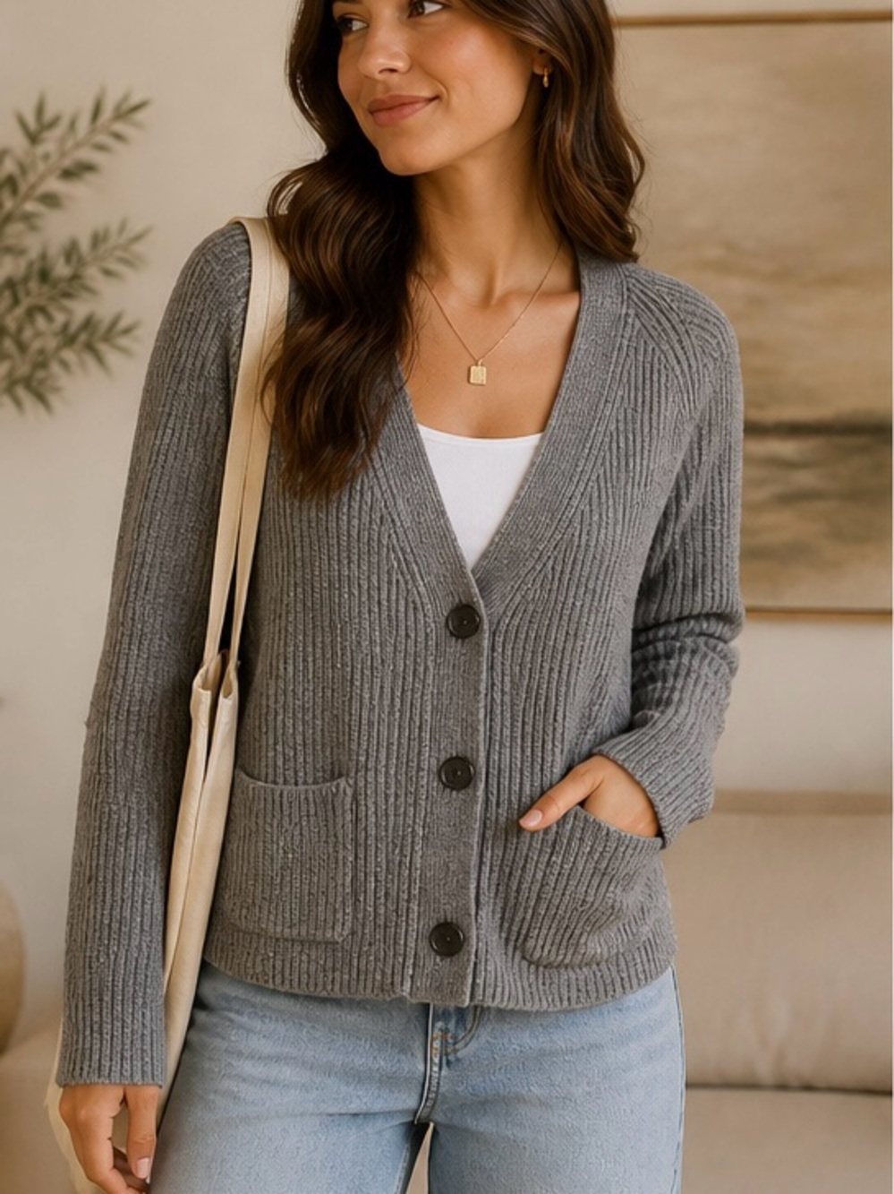 Women's GAP Gray Ribbed Cardigan Size Large - Classic Button Front